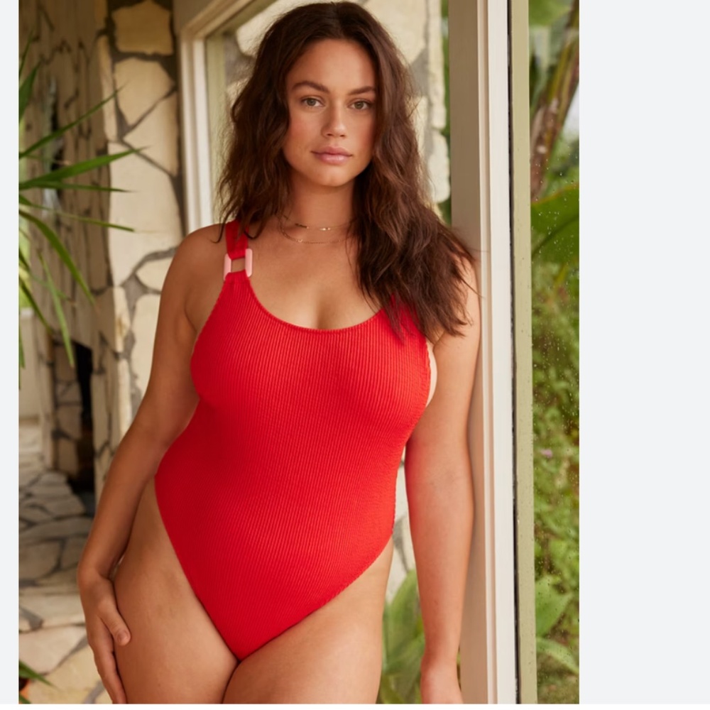 aerie Bold Red Ribbed Scoop One-Piece Swimsuit